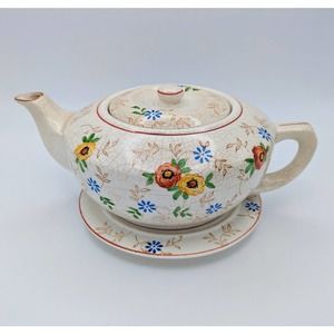 Vintage Japanese ceramic painted teapot with plate stand